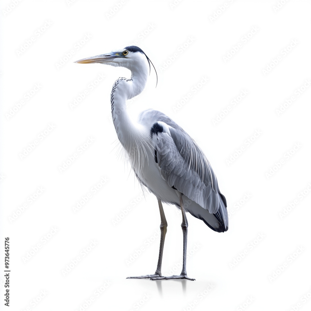 A grey heron stands elegantly against a clean white background, highlighting its sleek feathers and poised stature. A grey heron stands elegantly against a clean white background, highlighting its sleek feathers and poised stature.