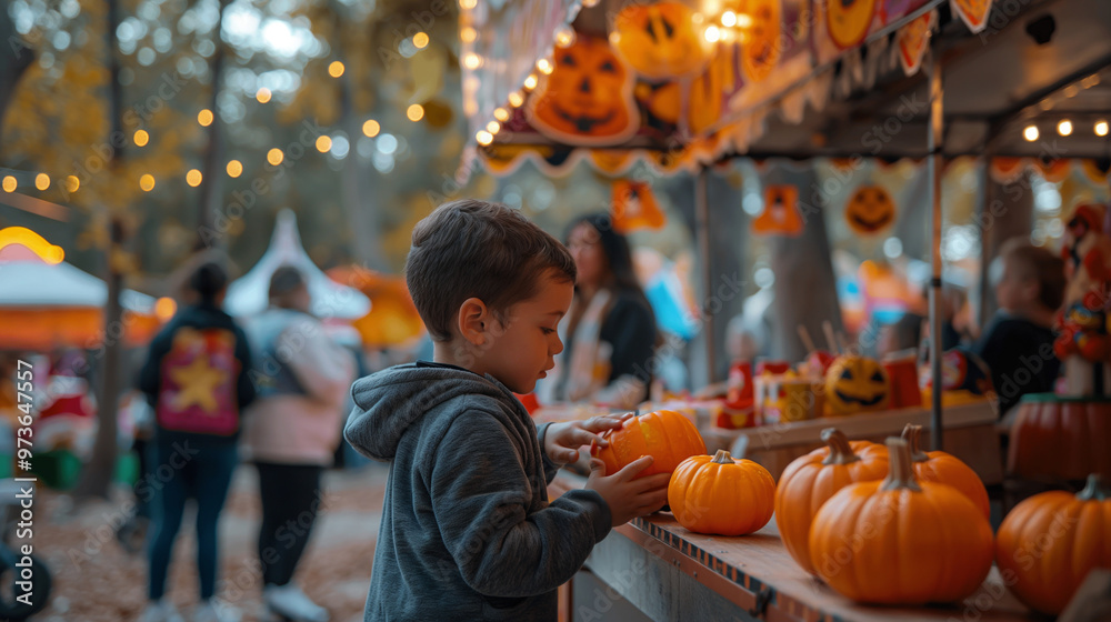Community Halloween Festival, kids playing carnival games while adults enjoy food stands and live entertainment, Halloween, with copy space