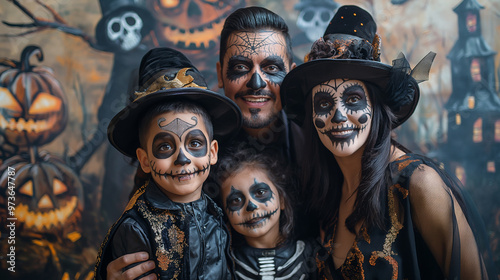 Costume Photo Booth, families posing in front of spooky backgrounds for fun Halloween costume photos, Halloween, with copy space
