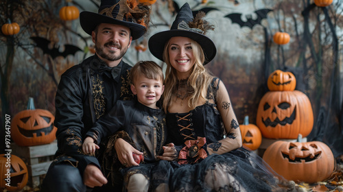 Costume Photo Booth, families posing in front of spooky backgrounds for fun Halloween costume photos, Halloween, with copy space