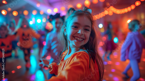 Costume Dance Party, a lively dance floor where kids and adults are in fun and spooky costumes, Halloween, with copy space