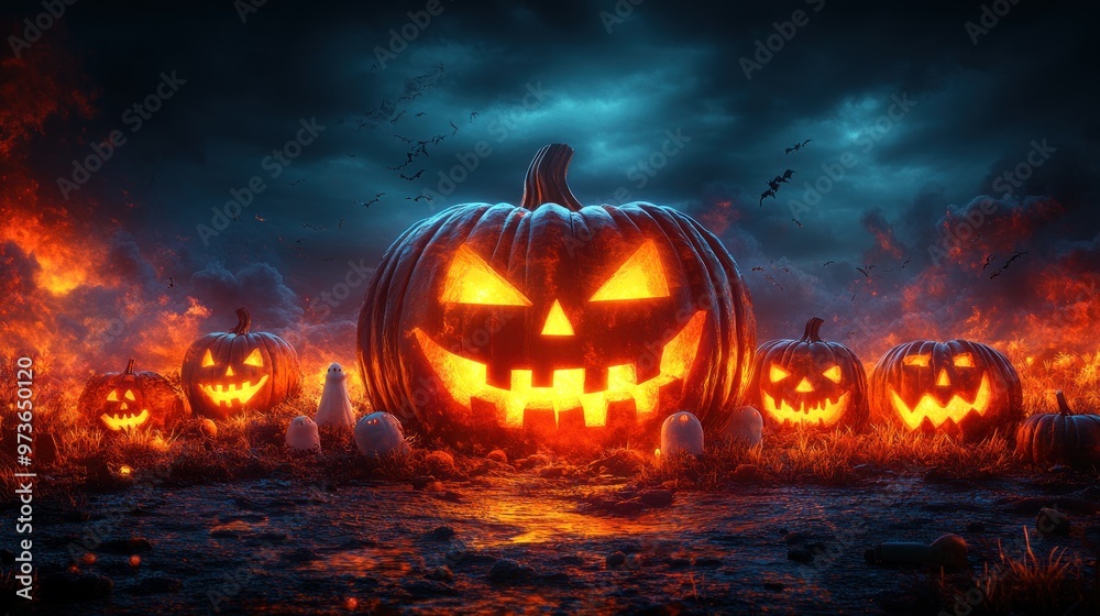Spooky Halloween scene with glowing jack-o'-lanterns and fog. Spooky Halloween scene with glowing jack-o'-lanterns and fog.