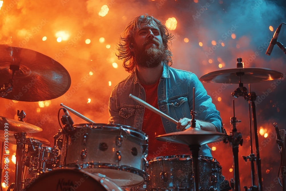 Fototapeta premium A dynamic and energetic scene of a drummer in action. Generative AI
