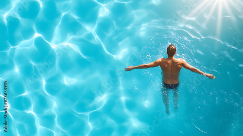 Man floats on his back in a sparkling blue pool, arms outstretched, enjoying the sun.