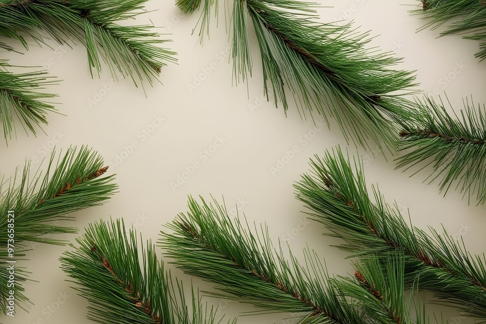 Enchanting Christmas Display Featuring Soft Green Pine Needles Against a Light Background Enchanting Christmas Display Featuring Soft Green Pine Needles Against a Light Background