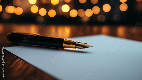 A black fountain pen rests on a blank sheet of paper, ready for writing, against a warm, bokeh background.