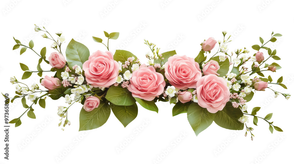 Pink Roses and White Flowers Wreath on White Background Pink Roses and White Flowers Wreath on White Background