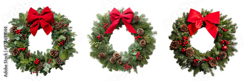 Isolated festive Christmas wreath made of evergreen branches, pinecones, and red berries, with a bright red bow at the top 
