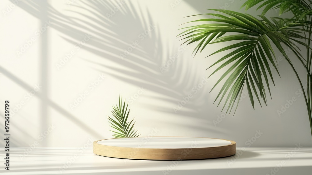 Obraz premium Minimalistic product display with a round wooden pedestal in a bright, sunlit space with palm leaves casting shadows.