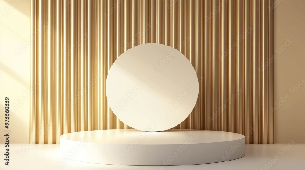 White podium with an oval shape and a golden background. White podium with an oval shape and a golden background.