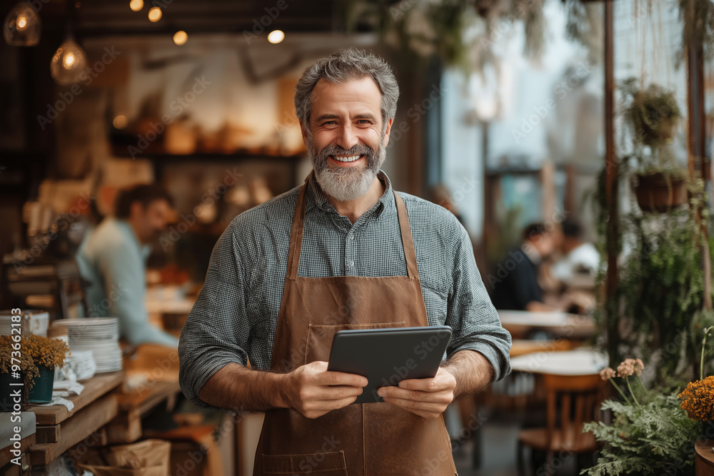 A cheerful bearded man in an apron holding a tablet, standing in a cozy cafe environment with plants and warm lighting A cheerful bearded man in an apron holding a tablet, standing in a cozy cafe environment with plants and warm lighting
