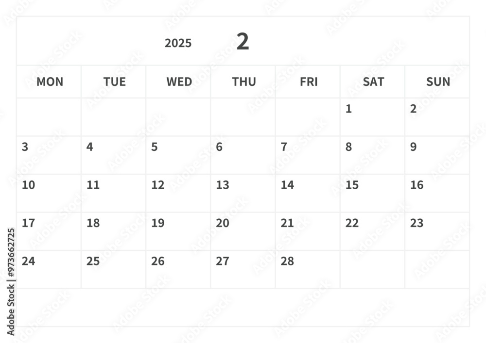 Simple calendar for February 2025, vector, template Simple calendar for February 2025, vector, template