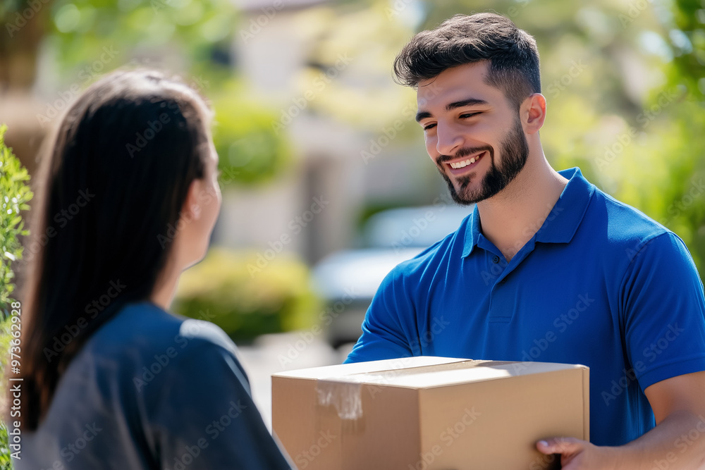 A delivery worker in a blue uniform smiling as he hands over a package to a customer outdoors in a sunny neighborhood A delivery worker in a blue uniform smiling as he hands over a package to a customer outdoors in a sunny neighborhood