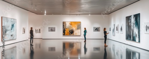 Art enthusiasts explore a contemporary gallery showcasing diverse artworks in a modern setting. photo