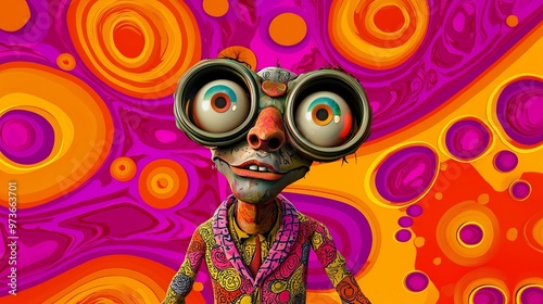 Vibrant character with oversized glasses and a colorful outfit against a psychedelic backdrop, evoking a playful and quirky vibe.