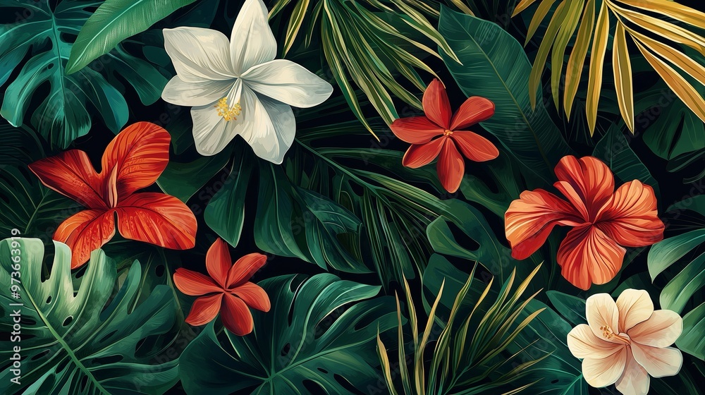 Vibrant tropical flowers and leaves create a lush, colorful backdrop, perfect for summer-themed designs or nature-inspired projects. Vibrant tropical flowers and leaves create a lush, colorful backdrop, perfect for summer-themed designs or nature-inspired projects.