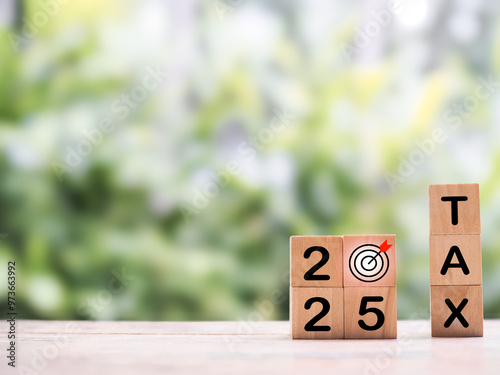 Wooden blocks with the word TAX and number 2025. The concept of prepare to pay tax in year 2025 photo