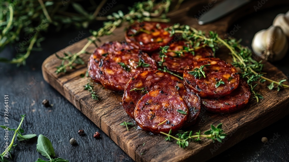 Closeup of sliced sausage on a wooden board with fresh thyme. Closeup of sliced sausage on a wooden board with fresh thyme.