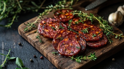 Closeup of sliced sausage on a wooden board with fresh thyme.