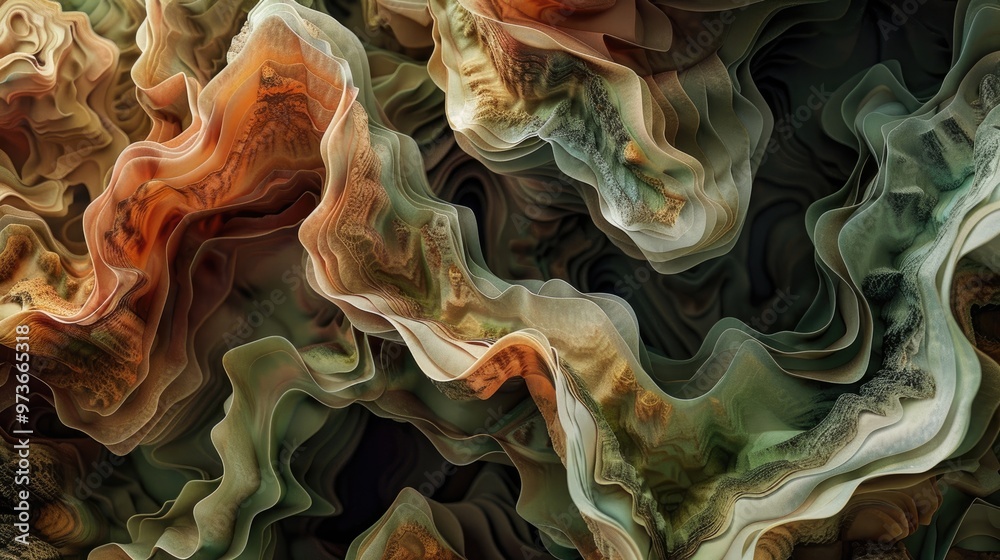 Organic undulating forms in a palette of earthy browns and greens Organic undulating forms in a palette of earthy browns and greens