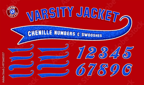 A set of numbers and swooshes in the style of puffy chenille patches on letter jackets, in team colors red, white and blue