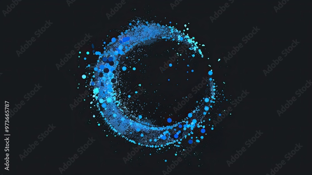 An abstract design featuring a circular formation of blue particles against a dark background, suggesting motion or energy. An abstract design featuring a circular formation of blue particles against a dark background, suggesting motion or energy.