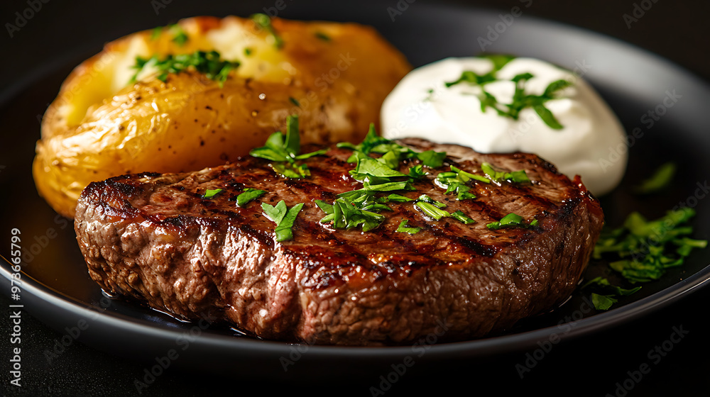 A perfectly grilled steak with a baked potato and a dollop of sour cream, garnished with fresh parsley. A perfectly grilled steak with a baked potato and a dollop of sour cream, garnished with fresh parsley.
