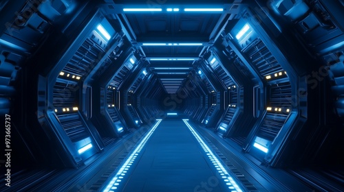 Neon technology space corridor modern digital reflection light line perspective glow