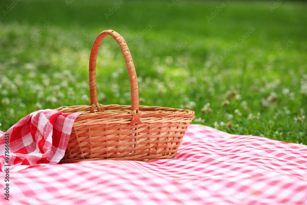 One picnic wicker basket with checkered napkin and blanket on green grass. Space for text One picnic wicker basket with checkered napkin and blanket on green grass. Space for text