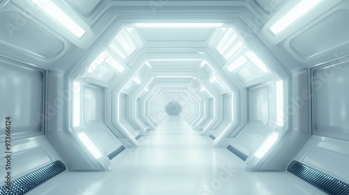 Neon technology space corridor modern digital reflection white light line perspective
