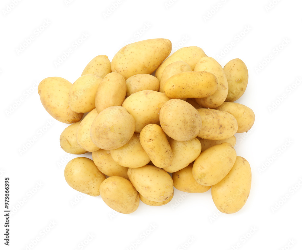 Pile of fresh young potatoes isolated on white, top view Pile of fresh young potatoes isolated on white, top view