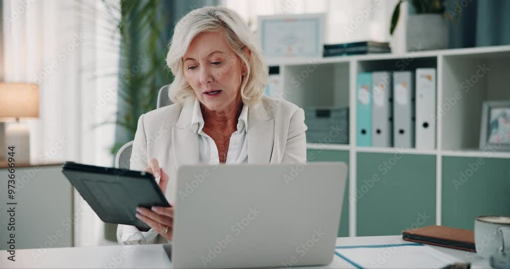 Mature woman, doctor and telehealth with tablet or laptop for medical advice, consultation or help at office. Female person, consultant or healthcare agent talking with technology on video call Mature woman, doctor and telehealth with tablet or laptop for medical advice, consultation or help at office. Female person, consultant or healthcare agent talking with technology on video call