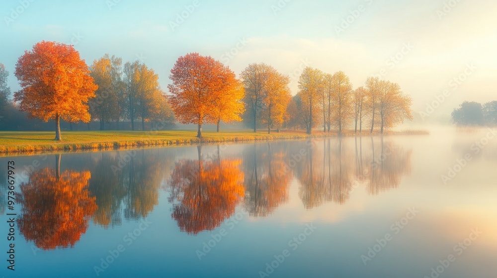 A row of trees with vibrant autumn foliage reflected in a still, misty lake at sunrise. A row of trees with vibrant autumn foliage reflected in a still, misty lake at sunrise.