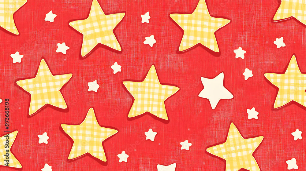 yellow cute gingham stars on polka dots pink background, white and red pastel Seamless pattern, flat design. for material, wallpaper and background yellow cute gingham stars on polka dots pink background, white and red pastel Seamless pattern, flat design. for material, wallpaper and background