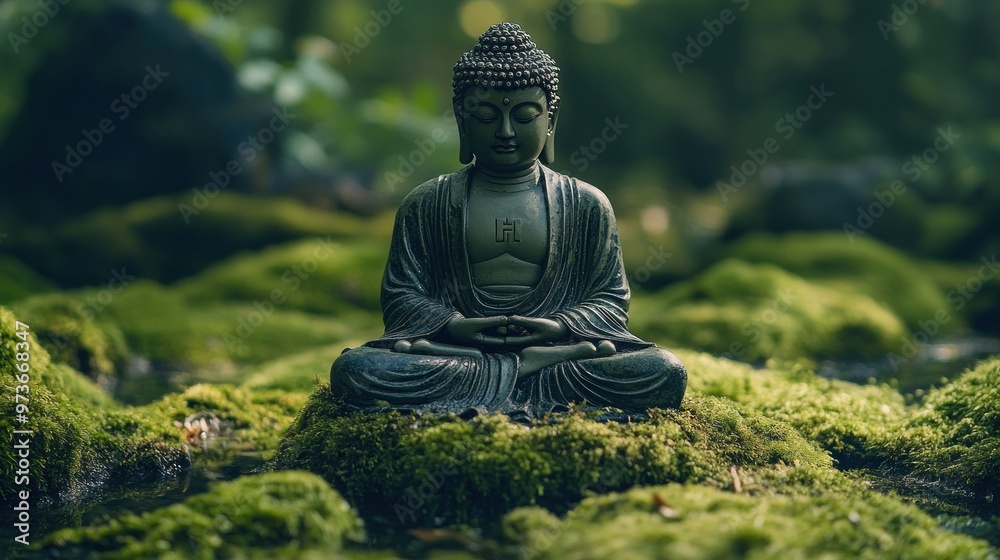 Buddha statue in a serene forest setting, with a mossy stream in the foreground. Buddha statue in a serene forest setting, with a mossy stream in the foreground.