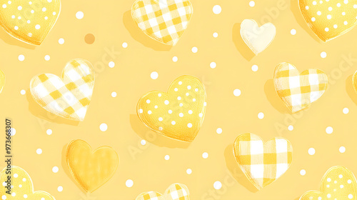 Valentine's day yellow cute polka dots and gingham heart, yellow polka dot background, white and yellow pastel Seamless pattern, flat design. for material, wallpaper and background
