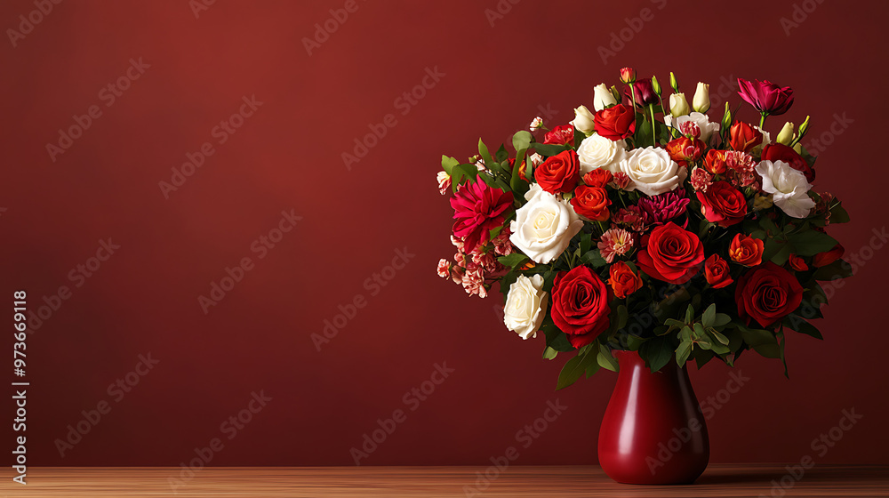 Fototapeta premium A vibrant bouquet of red and white roses in a red vase, set against a deep red background.