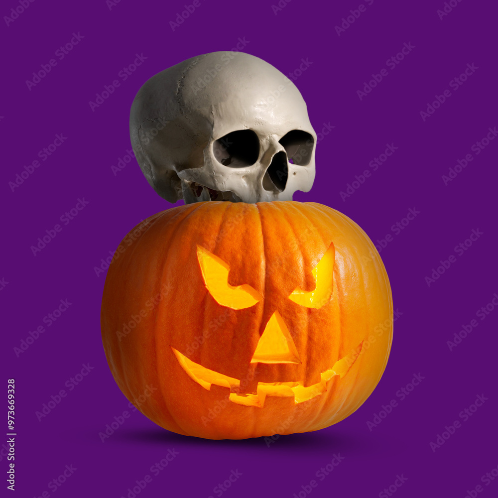 Spooky glowing jack o'lantern and scary skull on purple background. Halloween celebration Spooky glowing jack o'lantern and scary skull on purple background. Halloween celebration