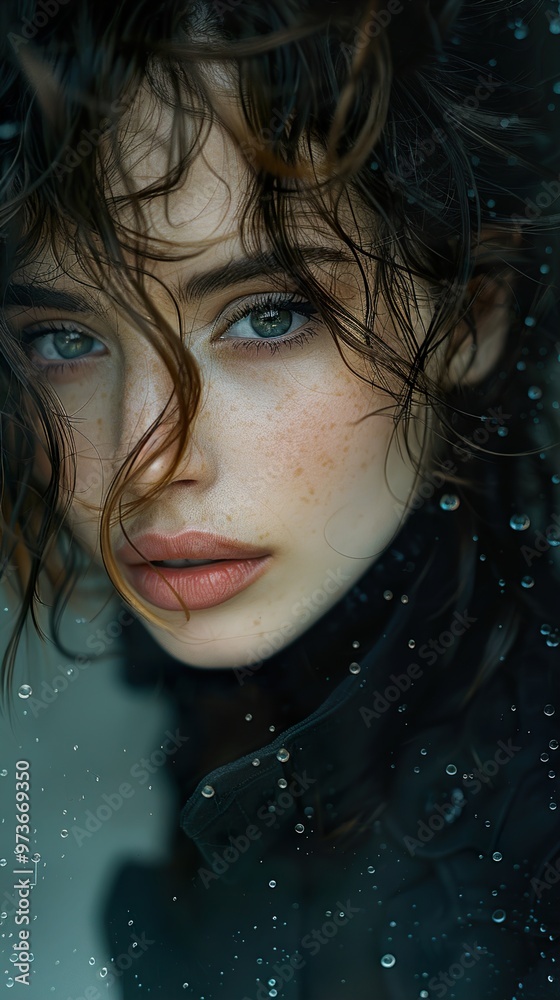 Intense Gaze: Woman with Wet Hair and Raindrops Intense Gaze: Woman with Wet Hair and Raindrops