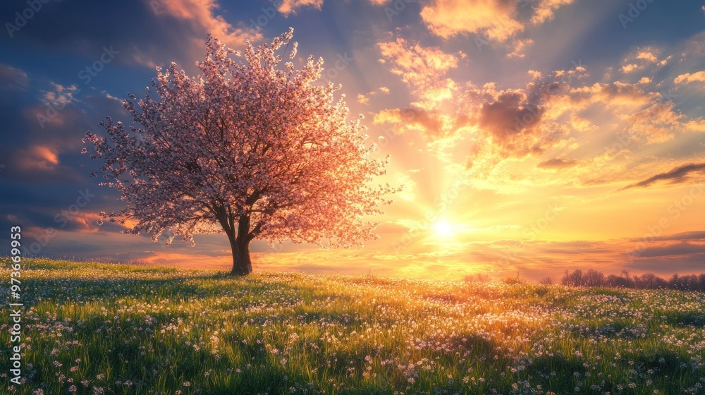 A single flowering tree stands in a field of wildflowers as the sun sets behind a dramatic sky. A single flowering tree stands in a field of wildflowers as the sun sets behind a dramatic sky.