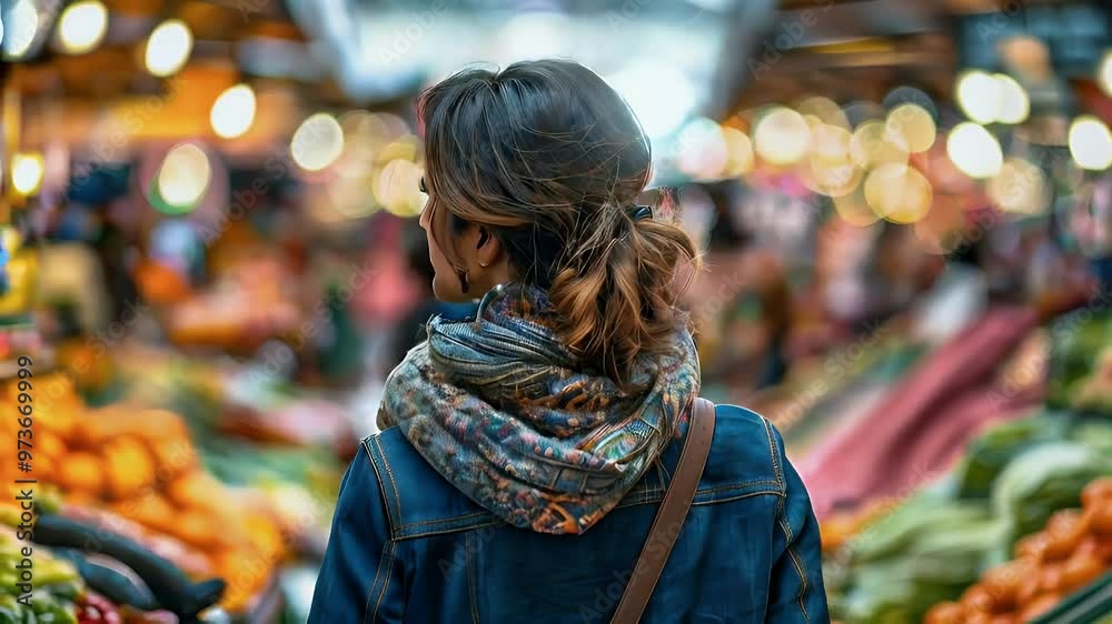 A person exploring a vibrant market filled with colorful produce and warm lights. A person exploring a vibrant market filled with colorful produce and warm lights.