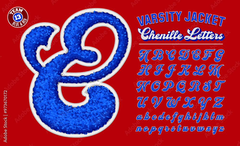 A set of script letters in the style of puffy chenille patches on letter jackets, in team colors red, white and blue