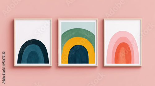 Set of three abstract modern art prints with colorful arch designs in wooden frames against a pastel pink wall, perfect for home decor and interior design. photo