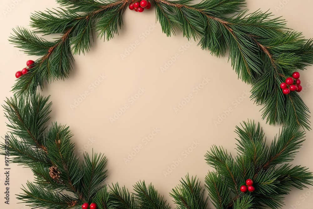 Festive Seasonal Corner Decor with Aromatic Pine Twigs on Blank Background Festive Seasonal Corner Decor with Aromatic Pine Twigs on Blank Background