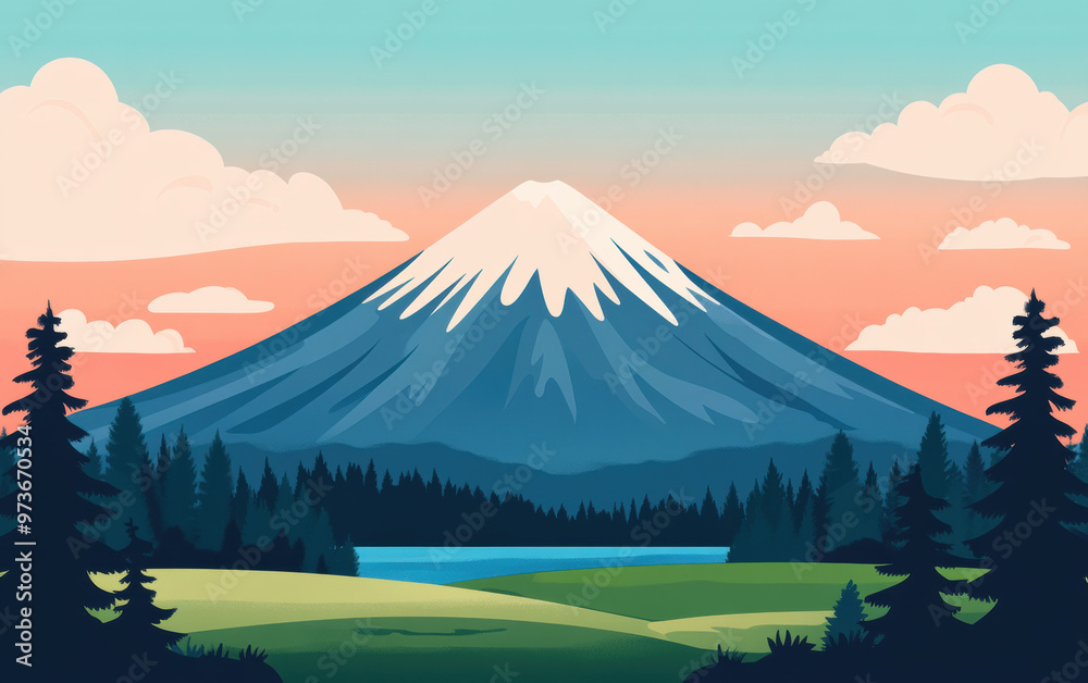Naklejka premium A vibrant digital illustration showcasing a majestic mountain with a snow-covered peak under a colorful sky, framed by lush trees and a serene lake.
