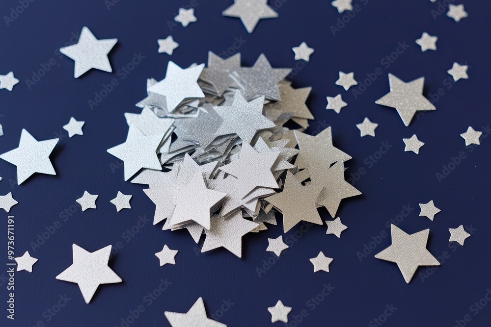 Fototapeta premium Elegant Silver Stars Confetti Sprinkled on Deep Blue Background