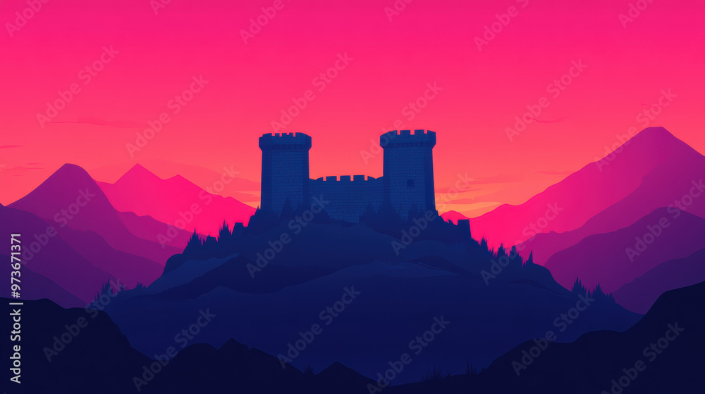 Majestic castle silhouette at sunset with vibrant pink and orange skies, surrounded by serene mountains. Perfect for fantasy or medieval themes. Majestic castle silhouette at sunset with vibrant pink and orange skies, surrounded by serene mountains. Perfect for fantasy or medieval themes.