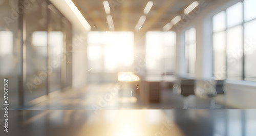 Blurred office interior with panoramic windows, Blurred Office Environment Photo, urban environment, modern interior, panoramic view office, blurred workspace.