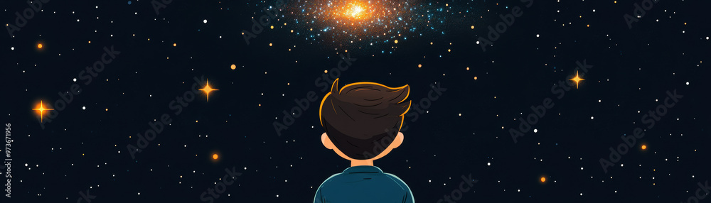 Fototapeta premium A child gazes at a star-filled galaxy in space, captivated by the wonder and beauty of the cosmos. The illustration captures the magic of stargazing and exploration.