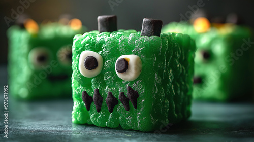 Frankenstein Rice Krispies Treats, green-colored Rice Krispies treats decorated to look like Frankenstein's monster, Halloween, with copy space